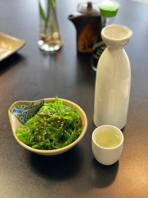 Seaweed salad and Sake