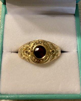 My grandfather;s 1930 West Point ring that they replaced the damaged stone in. A 1ct Burma ruby-  breathtaking.