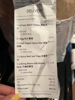 Takeout price