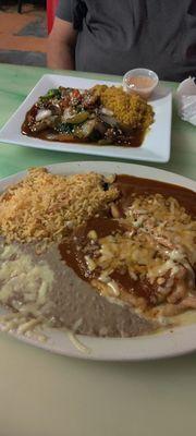 Chili Relleno with rice and beans. Mixed vegetable Teriyaki.