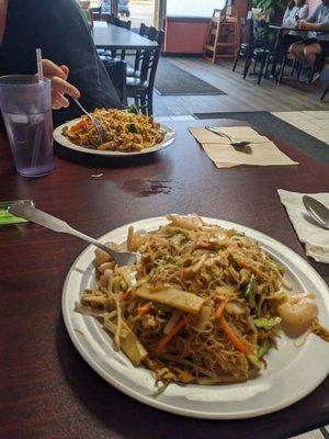 Lo mein and Singapore Noodles with Shrimp