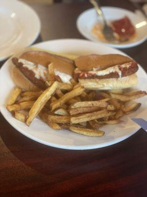 Chicken parm sandwich and fries