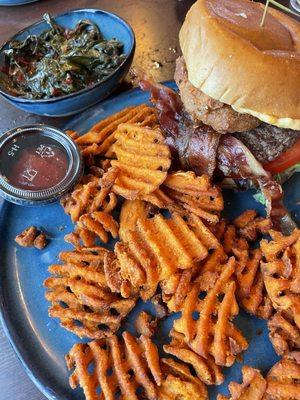 Pimento cheeseburger with sweet potato waffle fries...and a side of collard greens w/Jamaican chutney