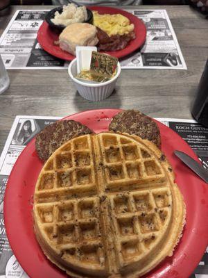 Waffles & sausage - Grits, eggs, bacon and a biscuit