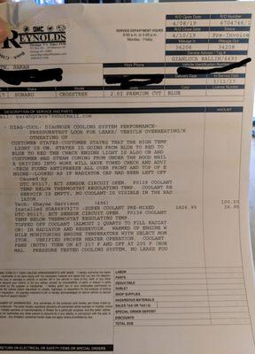 My receipt from Reynold's (dealership) detailing how mechanic ruled out all other issues but cap not being placed on correctly.