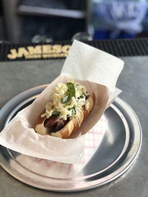 duck sausage with jalapeño slaw