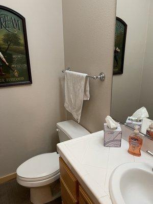 Dirty bathroom with used towels.  No guest towels provided.