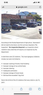 Article showing list of 23 food inspection violations