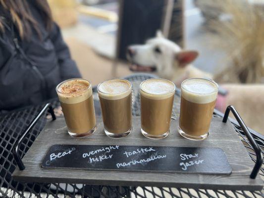 The coffee flight is $20. We chose the 4 specialities. The star gazer is a lavender drink, which I highly recommend. It's made in-house.