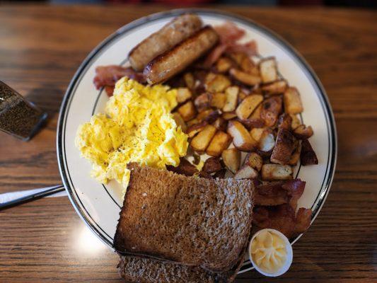 Bacon & eggs with a side of sausage.