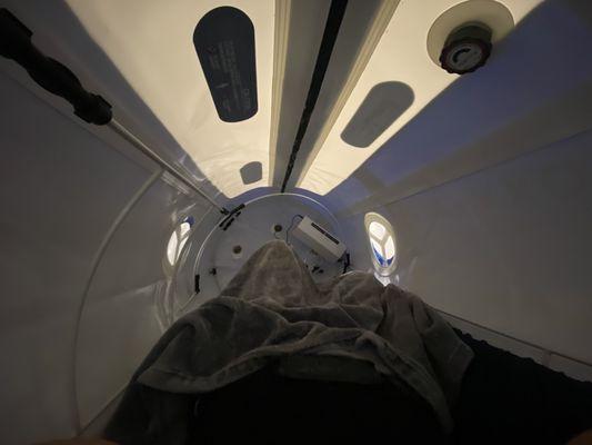 Inside the oxygen chamber for treatment.