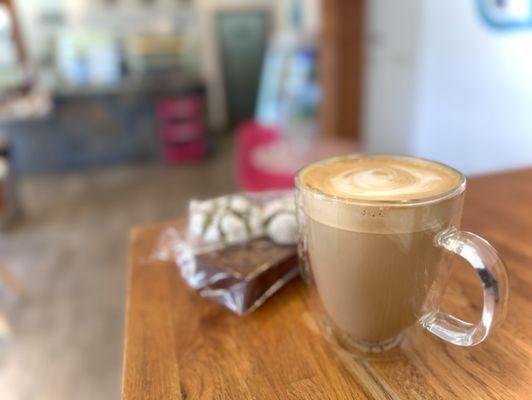 Cafe Latte Hot, Banana Nut Bread, and Matcha Cookies