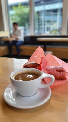 Americano with splash of Oatmilk, and some Mochi Donuts : )