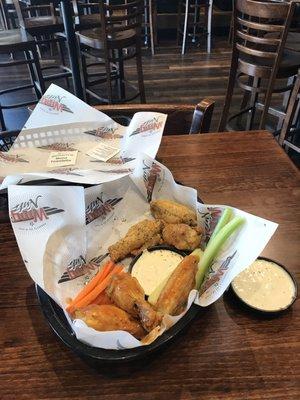 Lemon Pepper, and Sweet Chili Garlic Wings, with Ranch, Carrots, and Celery.