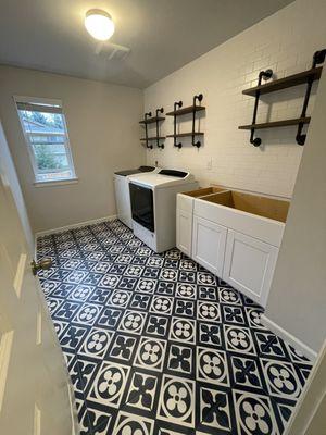 Laundry room remodel, porcelain tile floor Puyallup