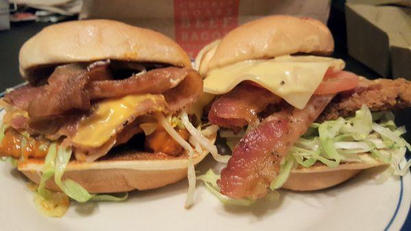 L to R buffalo chicken sandwich and bacon chicken sandwich