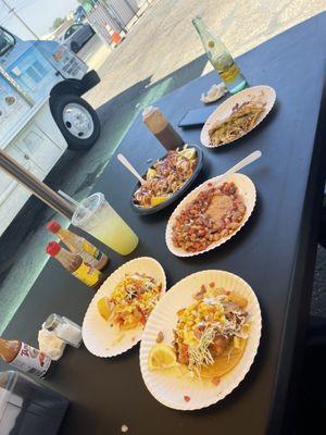 Ceviche tostada, fish taco, shrimp taco and fried shrimp plate