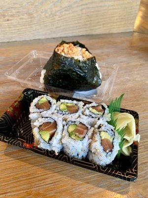 Spicy Salmon Onigiri and Salmon Avocado Rolls.