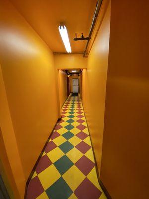 Colorful hall to the bathroom