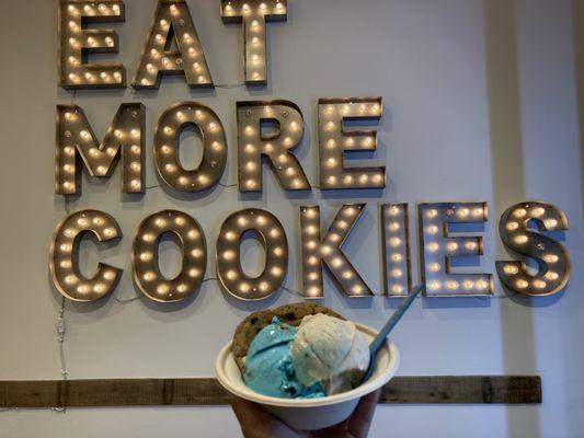 Cookies & cream cookie + 1 scoop of brown butter toffee and 1 scoop of Cookie Monster!