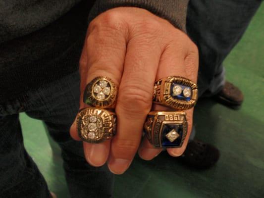 Gord Lane's four Stanley Cup rings.