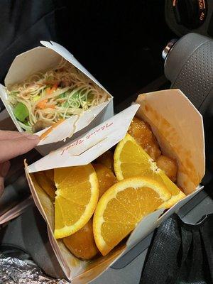 Vegetable Rice Noodles & Fresh orange chicken