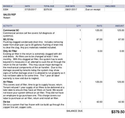 Invoice showing $125 charge for changing air filter:( !