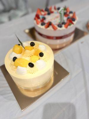 Mango mousse cake and a blueberry yogurt cake