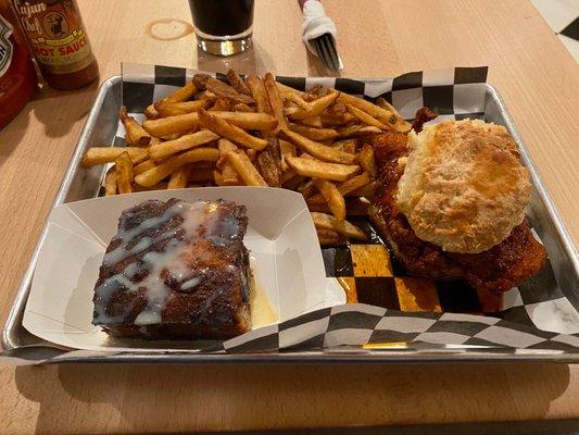 Chocolate Chip Bread Pudding, Carolina Style Meal, Hand Cut French Fries