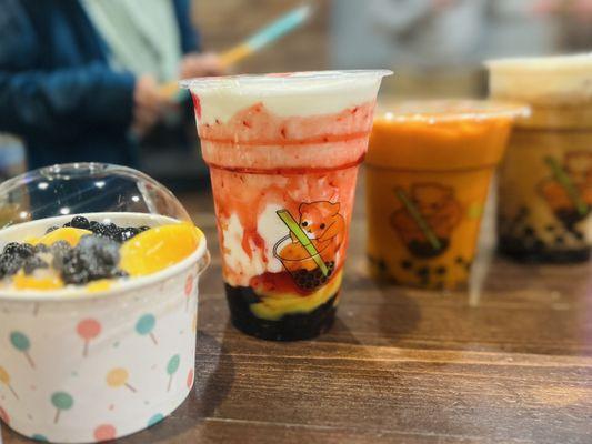 Mango Shaved Ice, Strawberry Milk Ice, Thai Tea w/ Oat Milk, and Brown Sugar Milk Tea