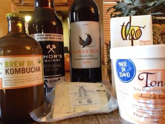 Kombucha, Belgium ale, wine purchased for the label, chocolate, and my fave - delicious chocolate hazelnut ice cream