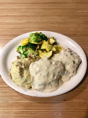 Chicken fried steak, mashed potatoes, sauteed veggies