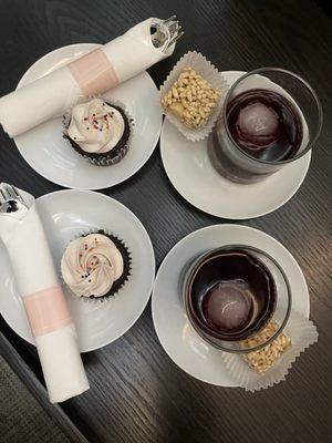 Complimentary surprise birthday cupcake and hibiscus tea with macadamia rice treat