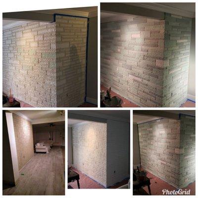 An outdated interior stucco brick faux wall we had to get creative with.