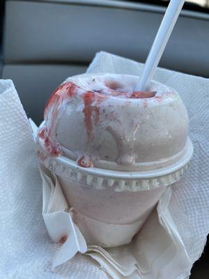 Strawberry special, vanilla blended with real strawberries.  Added strawberry topping.  [GF]