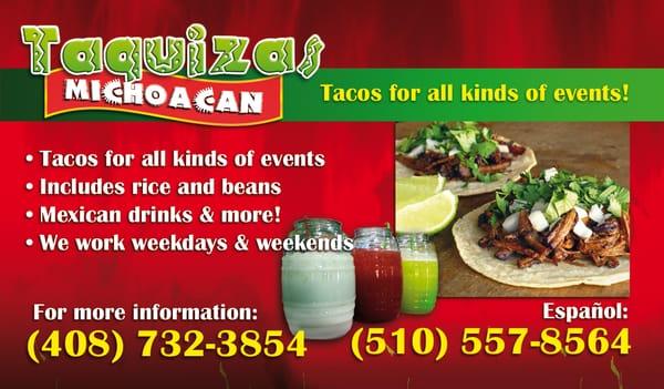 Taco Catering service for parties and all kinds of events Taquizas Michoacan (408) 732-3854 (510) 557-8564