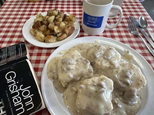 Biscuits and gravy, home fries