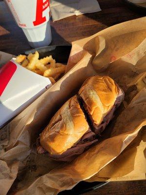 Brisket, bacon and beef dip with crinkle fries