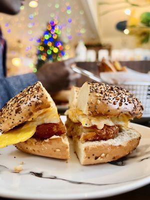 Breakfast sandwich on bagel and hash brown (get the sunflower sauce!)