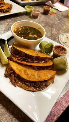 Birria Tacos and consom