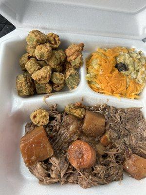 Okra, broccoli, mash, pot roast, no flavor