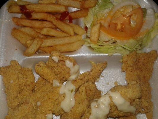 shrimp seasoned fries and salad