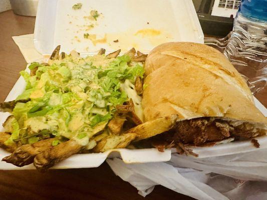 Carne Asada Torta with loaded Birria fries add on.