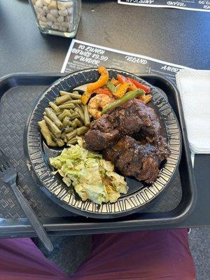 Oxtails, Jerk Shrimp, cabbage & green beans