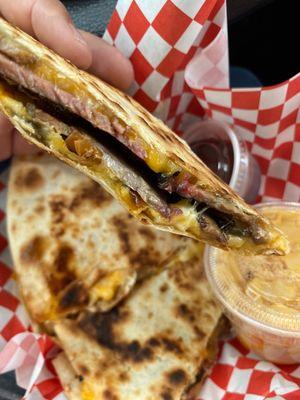 Brisket quesadilla with a side of Mac n cheese