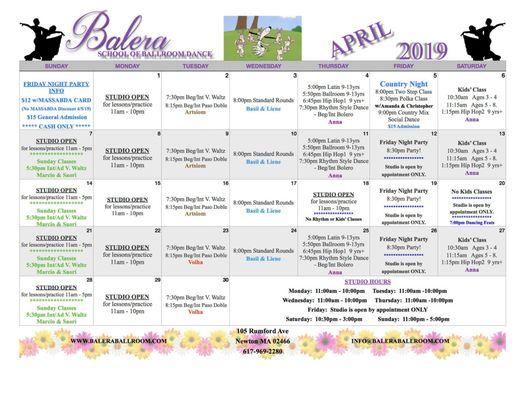 Check out our April classes! Join us for our Friday night parties starting at 8:30pm every Friday.