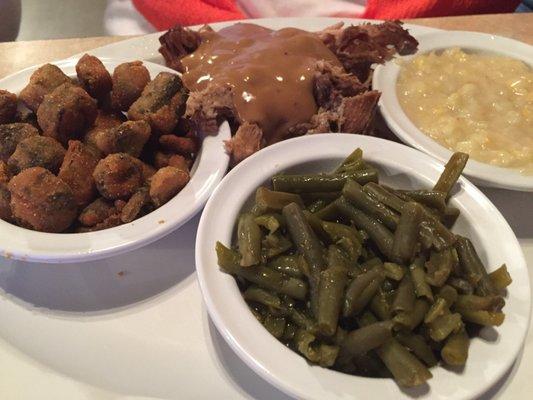 Meat with gravy, cream corn, green beans & fried okra