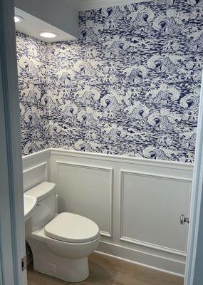 Powder room paneling and wallpaper