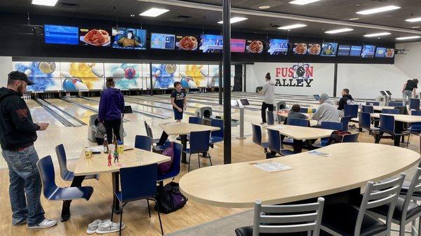 The restaurant is connected to a bowling alley.