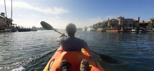 Enjoying our time at Huntington Harbor with our kayak from OEX Sunset. Great place to rent kayaks. Great service